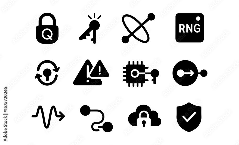 Poster quantum technology icons set: secure communication and cryptography symbols