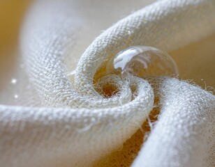 Delicate Soap Bubble Resting on Soft Knitted Fabric Close Up View of Texture and Light Reflection Gentle and Clean