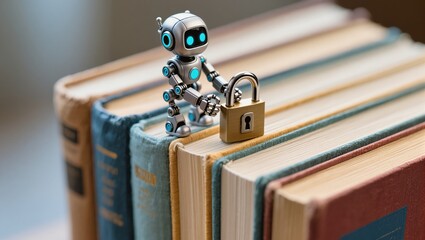 Small robot with a padlock on top of books, symbolizing security and technology integration