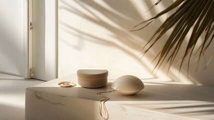 Elegant Composition of Golden Jewelry and Cream Ceramic Boxes Enhanced by Light and Shadow Near a Door Frame in Minimalist Style