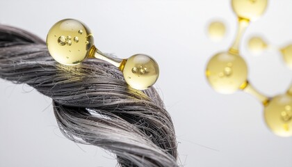 Hair Treatment Oil Capsules on Gray Hair Strands for Nourishment and Repair Beauty and Health Close Up Macro Shot White Background