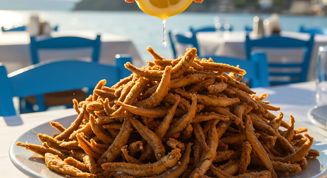 Greek Gavros Tiganitos. crispy fried anchovies piled high, lemon wedge squeezing juice, seaside taverna