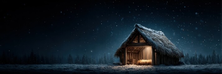 Snowy night scene featuring a rustic thatched-roof barn illuminated by warm light in a forest setting
