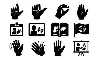 Obraz premium Sign language icons set in silhouette style for communication and accessibility