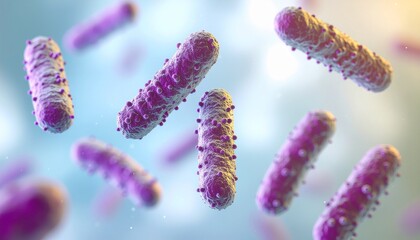 Detailed Microscopic View of Purple Rod Shaped Bacteria Floating in a Blueish Liquid Medium for Scientific or Medical Research