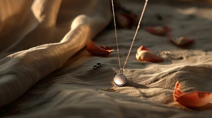 Elegant Rose Gold Pendant Necklace on a Textured Beige Fabric, Surrounded by Delicate Rose Petals in Soft, Warm Light