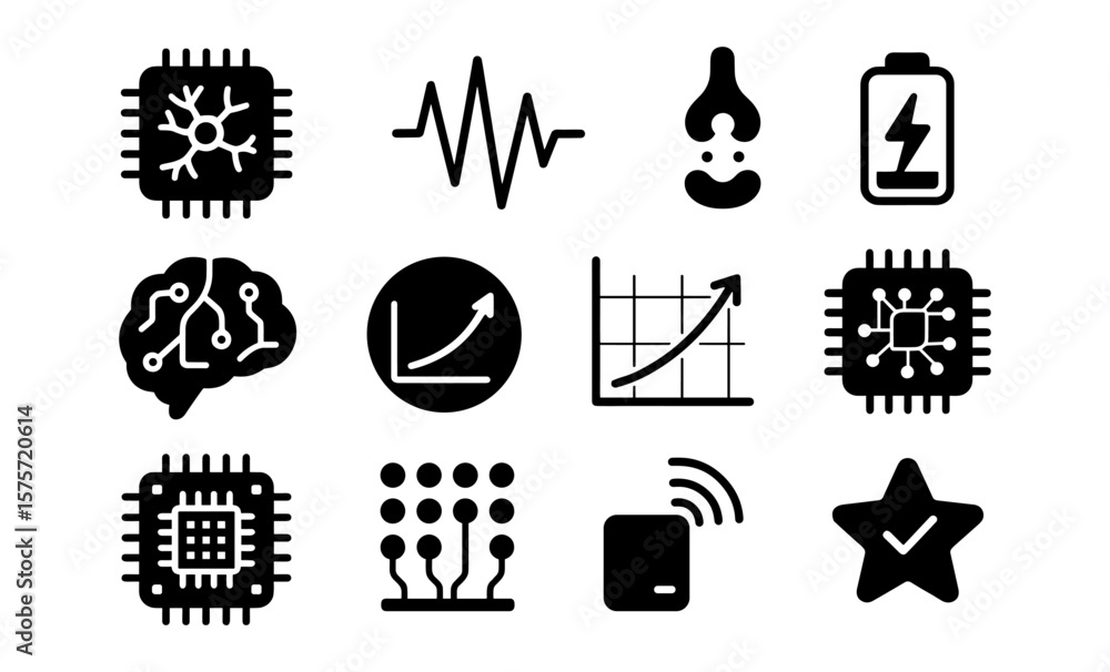 Poster tech symbols set: circuit, brain, battery, graph icons in monochrome style