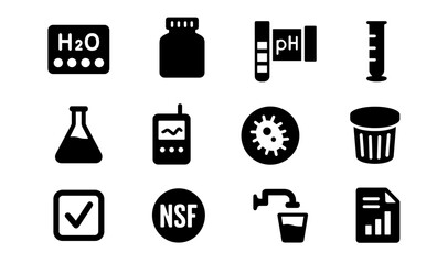 Laboratory equipment icons: test kit, sample, turbidity, lab flask, data logger