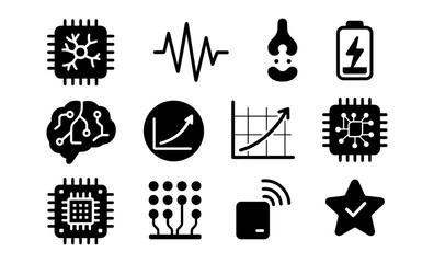 Tech symbols set: circuit, brain, battery, graph icons in monochrome style