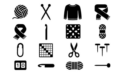 Knitting and crochet essentials icons in silhouette style with tools and patterns