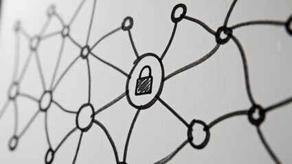 Illustration of Network Security with Lock Symbol in a Diagrammatic Style Representing Connectivity