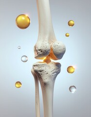 Knee Joint Anatomy with Oil or Lubricant Spheres Representing Joint Health Supplement or Treatment on a Clean Background for Medical or Healthcare Concepts
