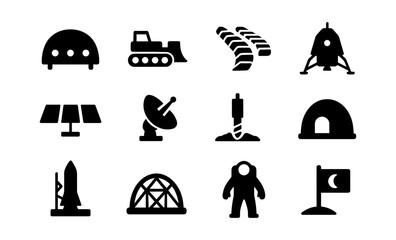 Lunar base icons set: space exploration and moon mission elements