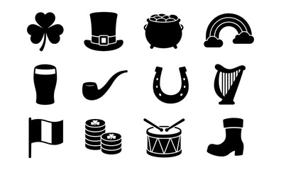 Irish culture icons: silhouette set featuring shamrock, leprechaun hat, pot of gold, and more