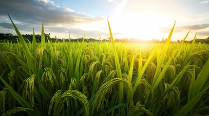 Obraz premium Lush rice paddy field at sunrise.