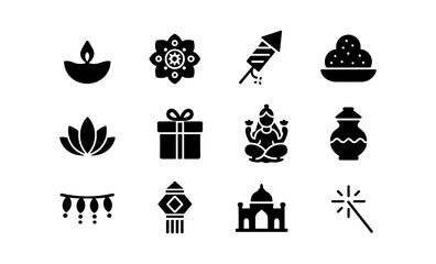 Diwali symbol set: iconic festival silhouettes for celebration