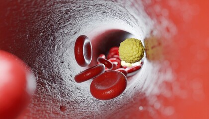 Red Blood Cells and Cholesterol Plaque Inside Artery Illustrating Atherosclerosis and Cardiovascular Disease with Narrowed Blood Vessel Medical 3D Render