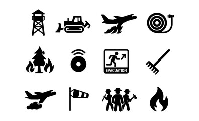 Firefighting equipment and safety icons set in solid style
