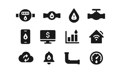 Smart water meter icons: flow sensors, leak alerts, valve control, and more