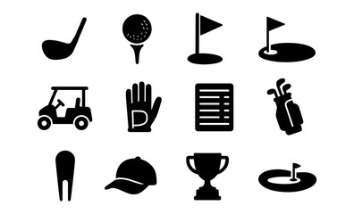 Golf equipment and symbols in minimalist black icons set