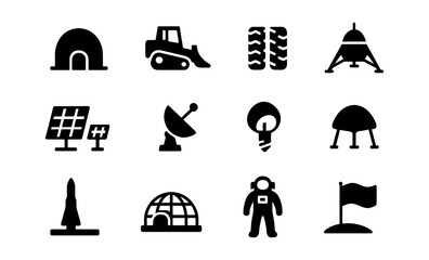 Black silhouette icons of space exploration and technology
