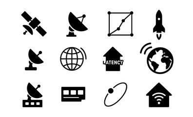 Black satellite and technology icons in flat design for communication and connectivity