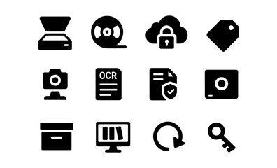 Digital archiving icons: scanner, cloud, access key, metadata, restore