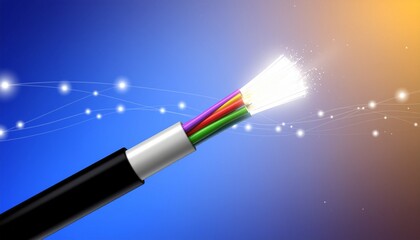 Fiber Optic Cable Illustration Showing Data Transmission with Speed and Efficiency on a Blue Gradient Background with Light Effects
