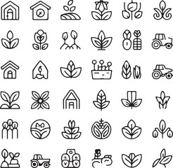 A collection of simple black and white line art icons representing various aspects of agriculture farming and plant growth