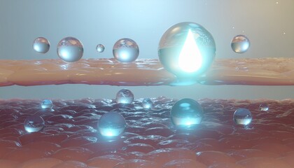 Hydration of Skin Cells with Serum Droplets Showing Absorption and Moisturization for Healthy Skin and a Glowing Complexion 3D Render