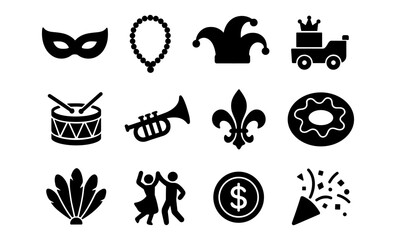 Mardi gras icons collection featuring mask, beads, party hat, and celebratory symbols