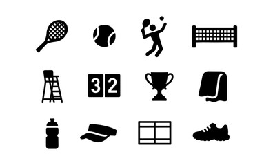 Tennis equipment icons set featuring silhouette sports gear and symbols