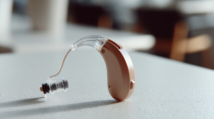 High-quality hearing aid resting on a table in a modern indoor setting during daylight