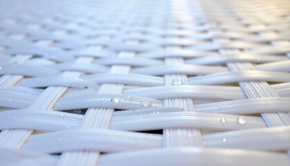 Close Up of White Wicker with Water Droplets Showing Texture and Interwoven Pattern Ideal for Backgrounds and Design Elements