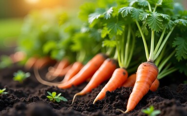 Ripe carrots growing in soil, closeup with space for text. Organic farming. High quality