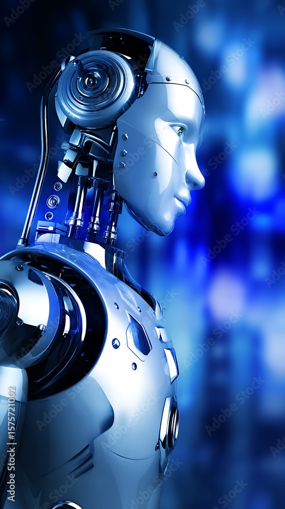 Poster Close-up view of a metallic robot's head and upper torso.