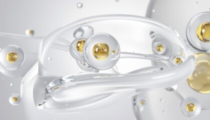 Abstract Cosmetic Serum Bubbles with Gold Core for Skincare Beauty and Scientific Research on White Background Close Up View