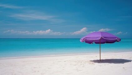 Purple Beach Umbrella on White Sand With Turquoise Water, Evoking Summer Relaxation and Vacation Getaways, Ideal for Travel Marketing and Tourism Campaigns : Generative AI