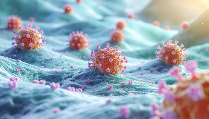 Microscopic View of Viral Infection on a Cellular Surface Demonstrating Pathogen Spread and Immune Response in a Biological Environment