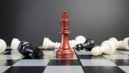 Red Chess King Standing Victorious Over Fallen Pieces on Chessboard with Gray Background Strategy and Competition Concept Close Up