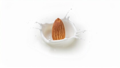 Almond Splashing Into Milk Creating a Crown Shape Against a White Background Representing Healthy Eating and Dairy Free Alternatives