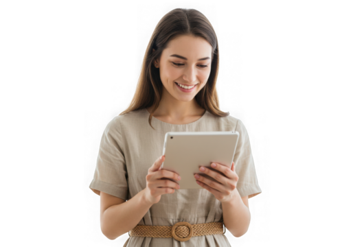 Woman with tablet smiling wearing dress and belt against wall on transparent background - Powered by Adobe