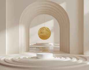 Elegant Beige Interior with Arches Platforms and a Golden Circle Ideal for Product Display and Modern Design Concepts Minimalist and Luxurious