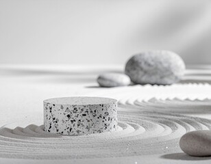 Minimalist Zen Garden with Terrazzo Podium and Smooth Stones for Product Display in a Calming and Peaceful Monochrome Setting