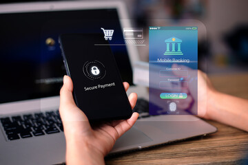 Mobile online banking concept. Close-up of Female hands using mobile phone