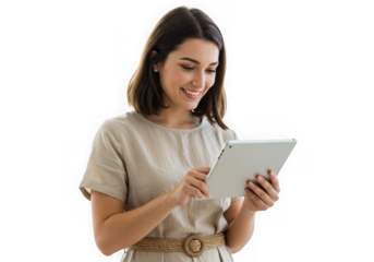 Smiling woman using a tablet device in a neutral setting view on transparent background