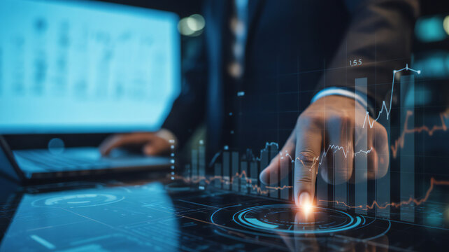Businessman interacting with futuristic digital interface displaying financial data and charts