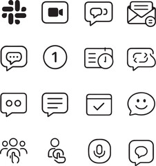 A collection of modern minimalist line art icons representing communication and collaboration tools for digital platforms and applications
