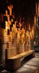 Fototapeta premium Modern Wooden Bench Against Brick Wall with Decorative Wood Blocks and Lighting, Representing Architectural Innovation and Urban Relaxation : Generative AI