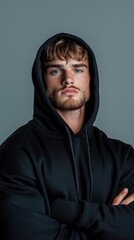Fototapeta premium Young man in black hoodie with serious expression on gray background